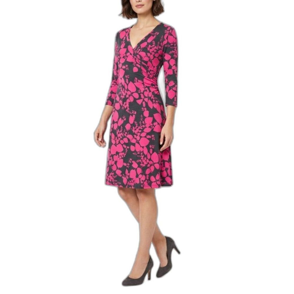 Garnet Hill Fuchsia Black Leaf Print Faux Wrap 3/4 Sleeve Knee Length Dress Sz M